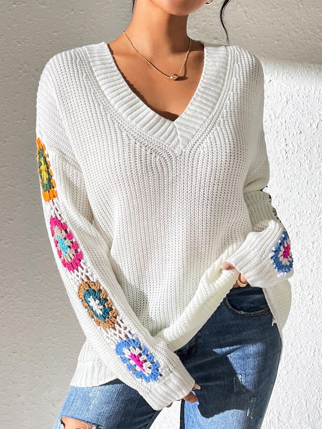 Gray Crochet Flower V-Neck Sweater