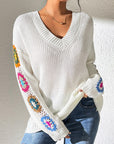 Gray Crochet Flower V-Neck Sweater