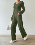 Ribbed V-Neck Long Sleeve Top and Pocketed Pants Set