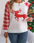 Reindeer Plaid Round Neck Long Sleeve Sweater