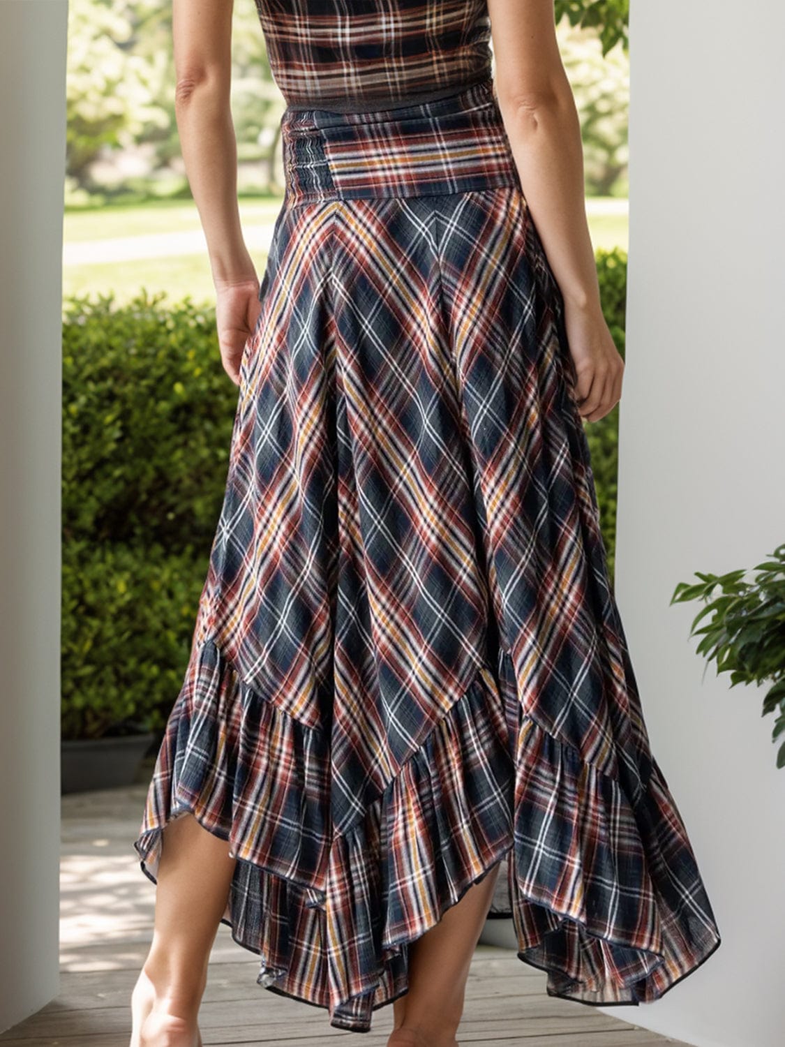 Dark Gray Plaid Asymmetrical Ruffle Hem Skirt