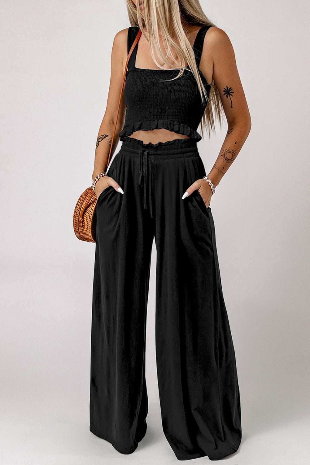 Black Square Neck Cropped Tank Top and Long Pants Set