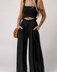 Black Square Neck Cropped Tank Top and Long Pants Set