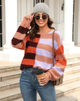 Angel Wings Round Neck Long Sleeve Color Block Dropped Shoulder Pullover Sweater