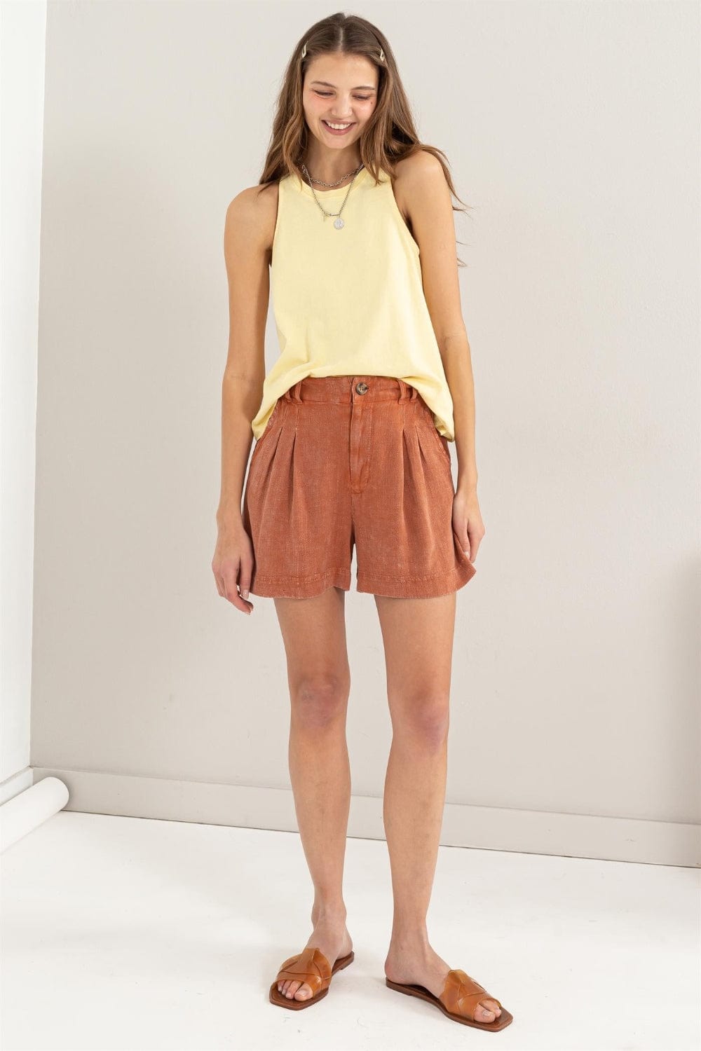 Light Gray HYFVE High Waist Pleated Linen Shorts