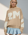 Basic Bae Contrast Letter Round Neck Long Sleeve Sweater