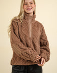 VERY J Fuzzy Fleece Half Zip Cable Pattern Sweatshirt