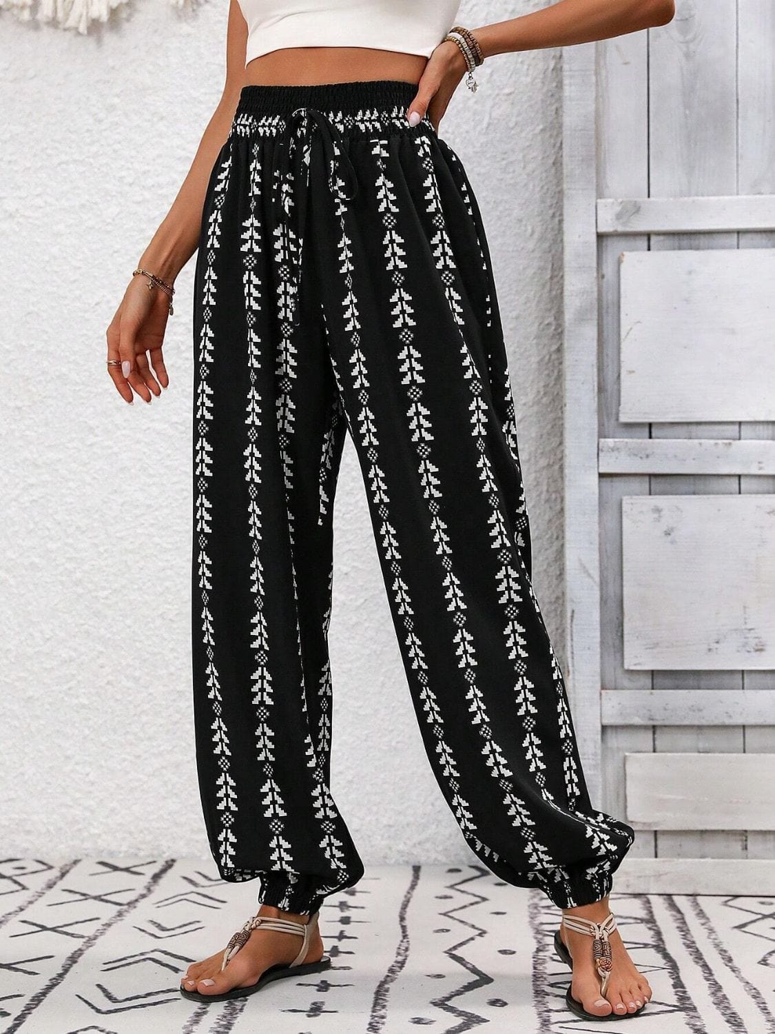 Black Tied Printed High Waist Pants