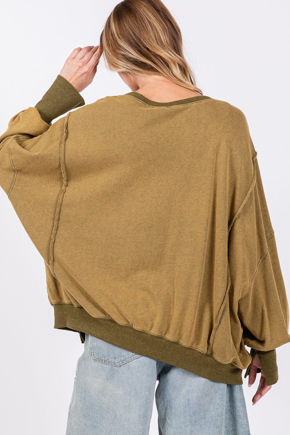 Dark Khaki SAGE + FIG Mineral Wash Side Slit Oversized Sweatshirt