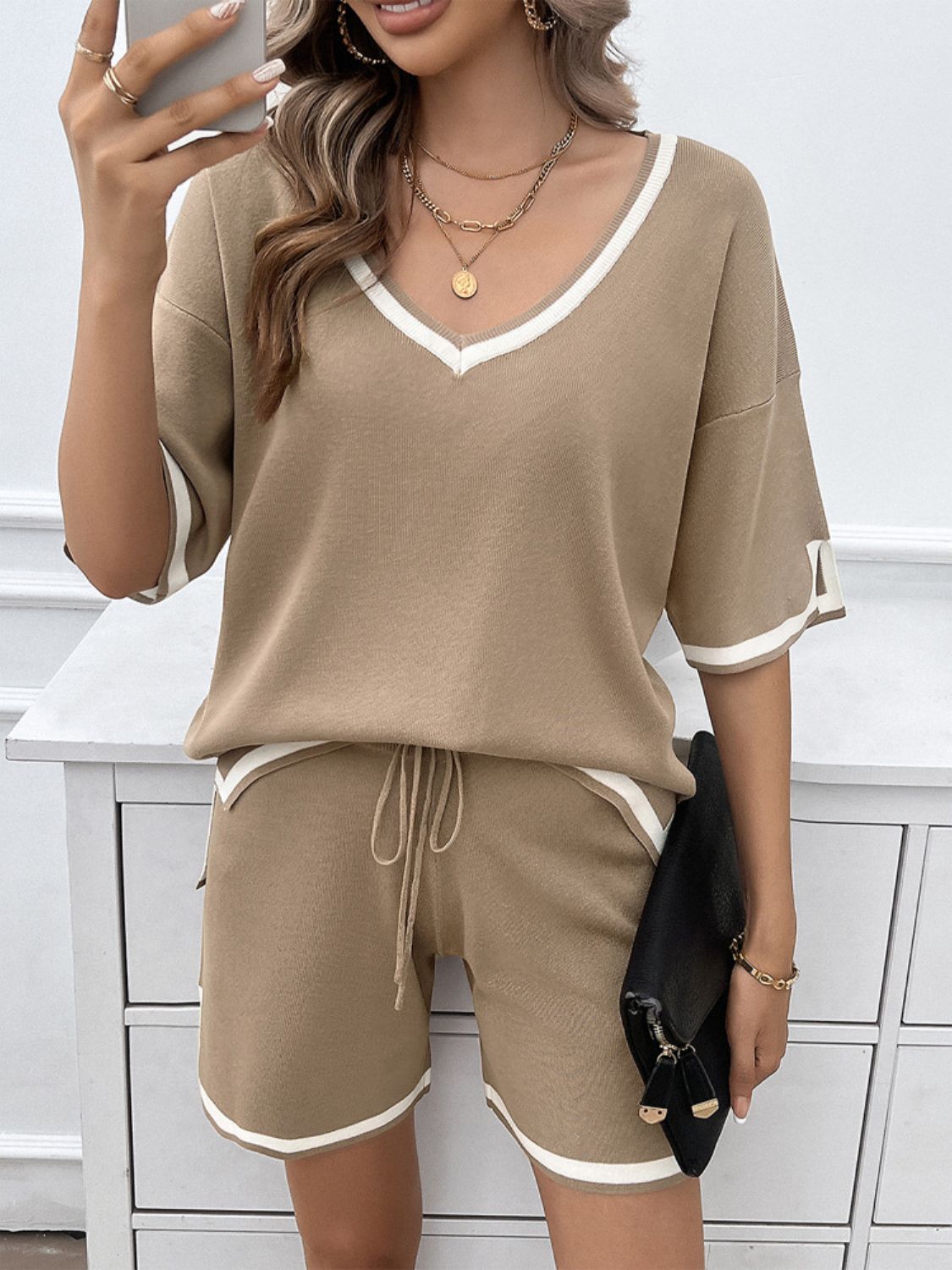 Rosy Brown Contrast Trim V-Neck Top and Shorts Set Sentient Beauty Fashions Apparel & Accessories