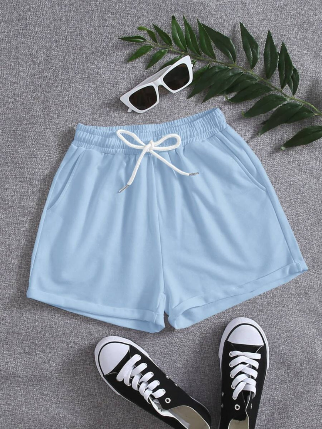 Light Slate Gray Drawstring Pocketed Elastic Waist Shorts Sentient Beauty Fashions Apparel &amp; Accessories