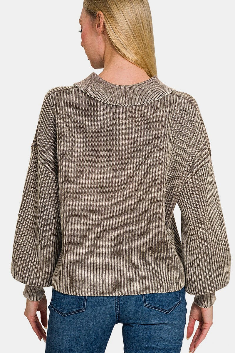 Light Gray Zenana Washed Half Button Long Sleeve Sweater