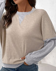 Perfee Contrast Round Neck Long Sleeve T-Shirt