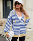 Drawstring Striped Zip Up Long Sleeve Hoodie