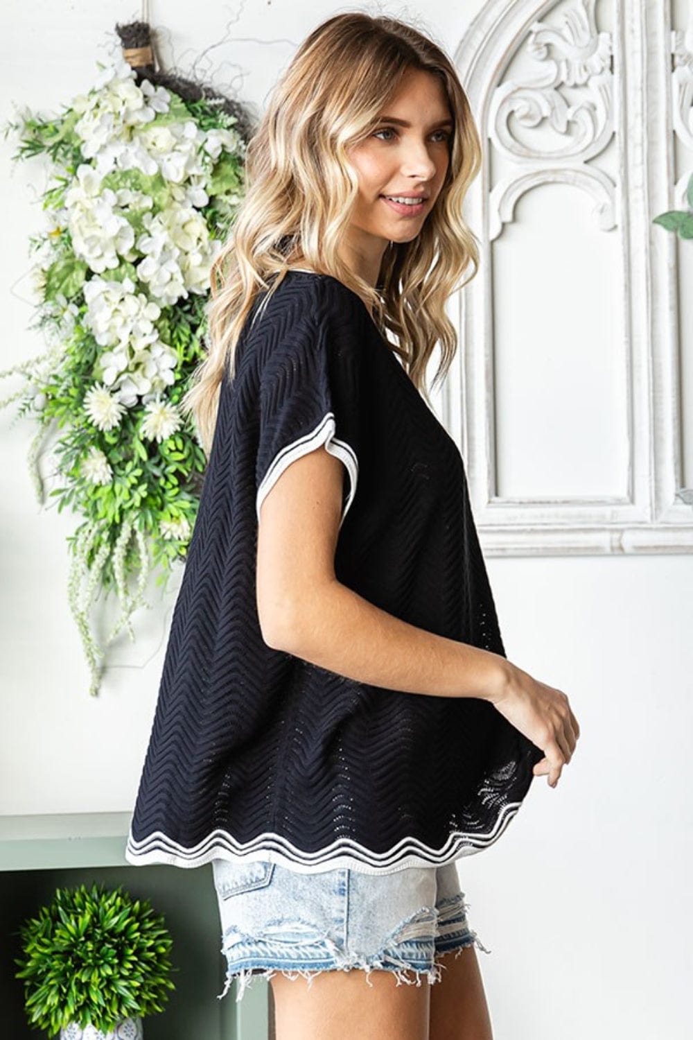 Dark Slate Gray First Love Full Size Contrast Wavy Crochet Drop Shoulder Knit Top