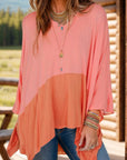 Contrast V-Neck Batwing Sleeve Blouse