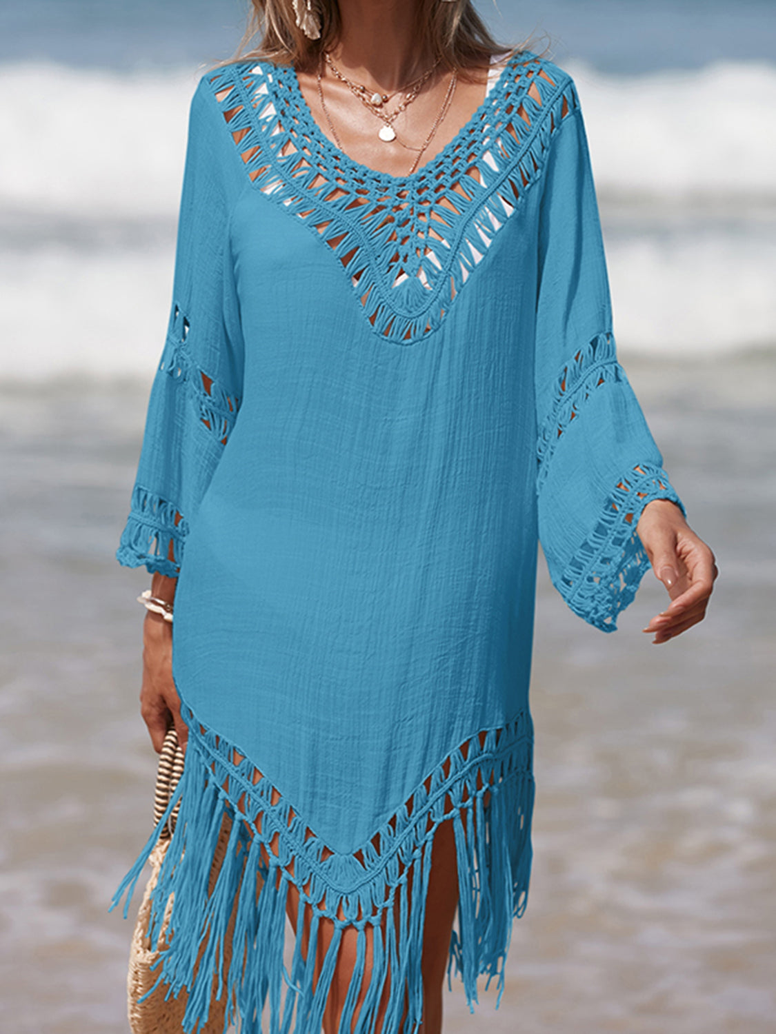 Light Slate Gray Cutout Fringe Scoop Neck Cover-Up Sentient Beauty Fashions Apparel & Accessories