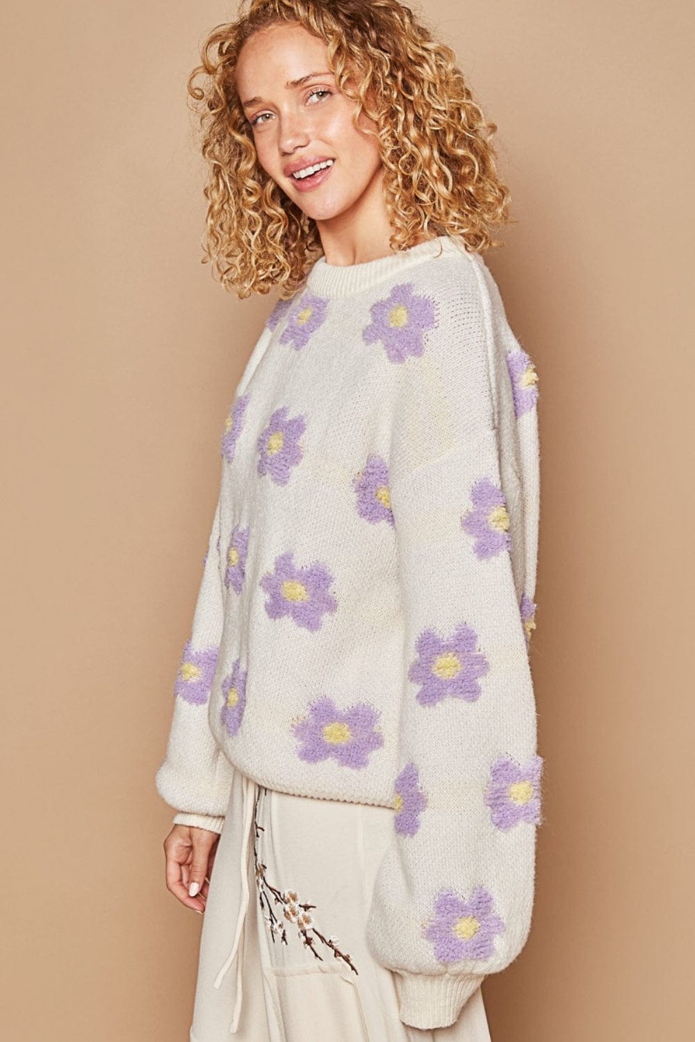 Tan POL Daisy Pattern Drop Shoulder Sweater