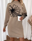 Perfee Flower Mock Neck Long Sleeve Sweater Dress