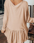 Curved Hem V-Neck Long Sleeve Top