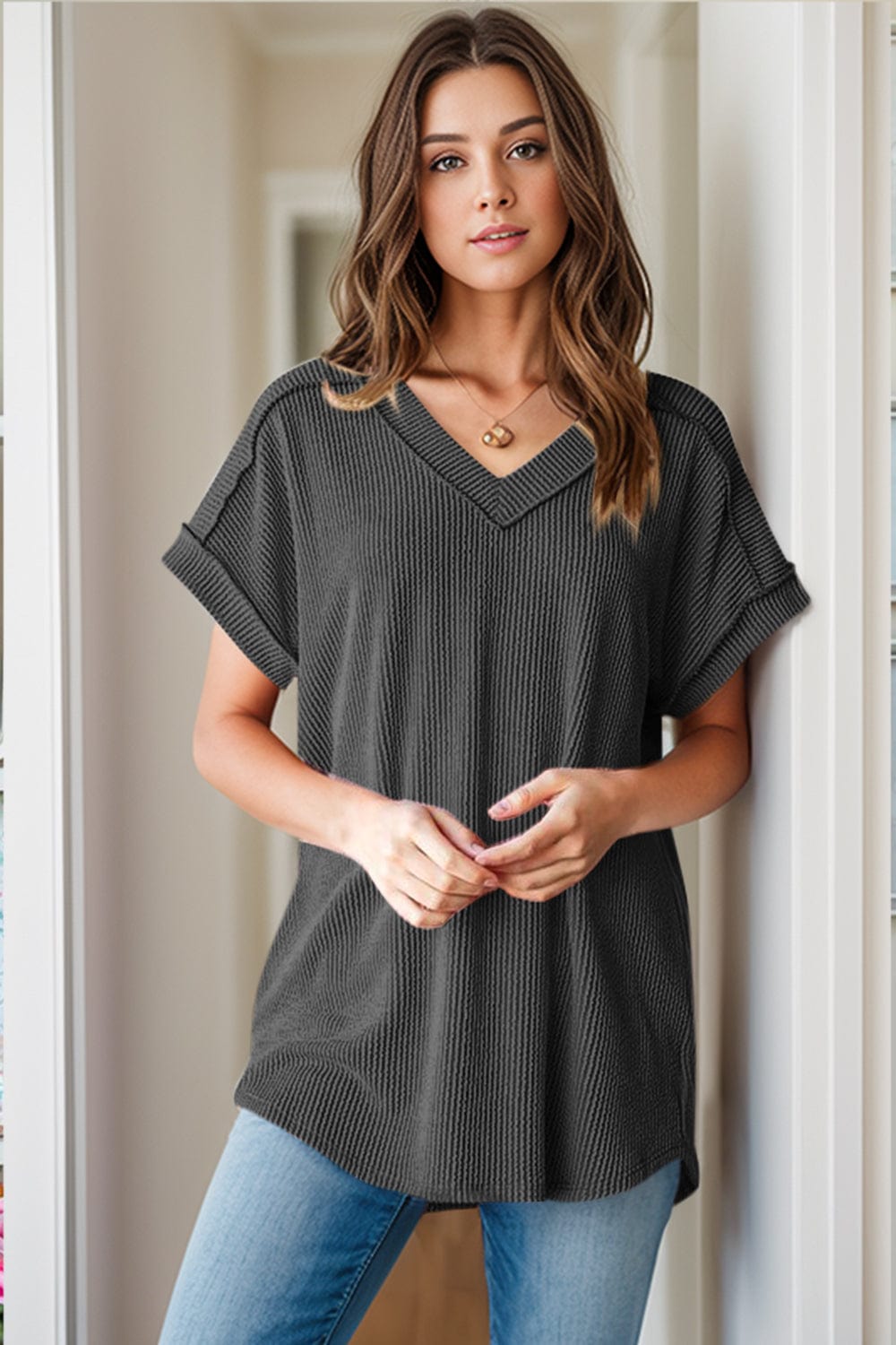 Rosy Brown Textured V-Neck Short Sleeve Top