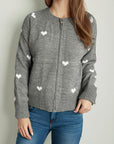 Heart Round Neck Zip Up Cardigan