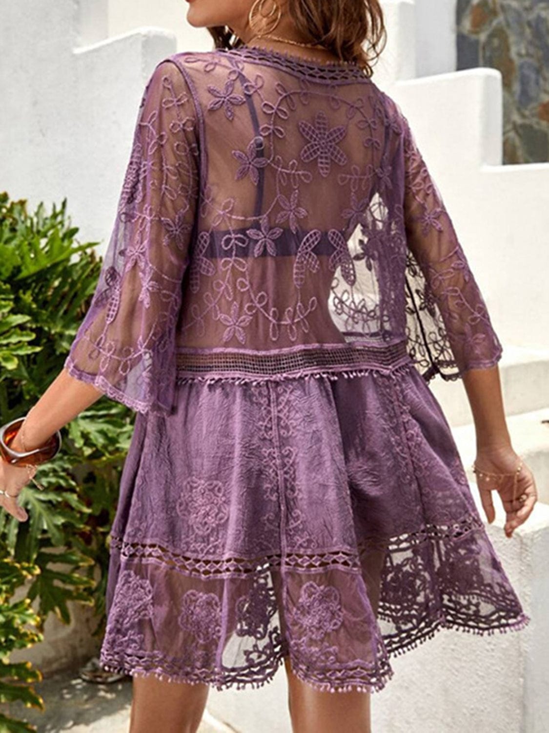 Dim Gray Lace Detail Plunge Cover-Up Dress Sentient Beauty Fashions Apparel &amp; Accessories