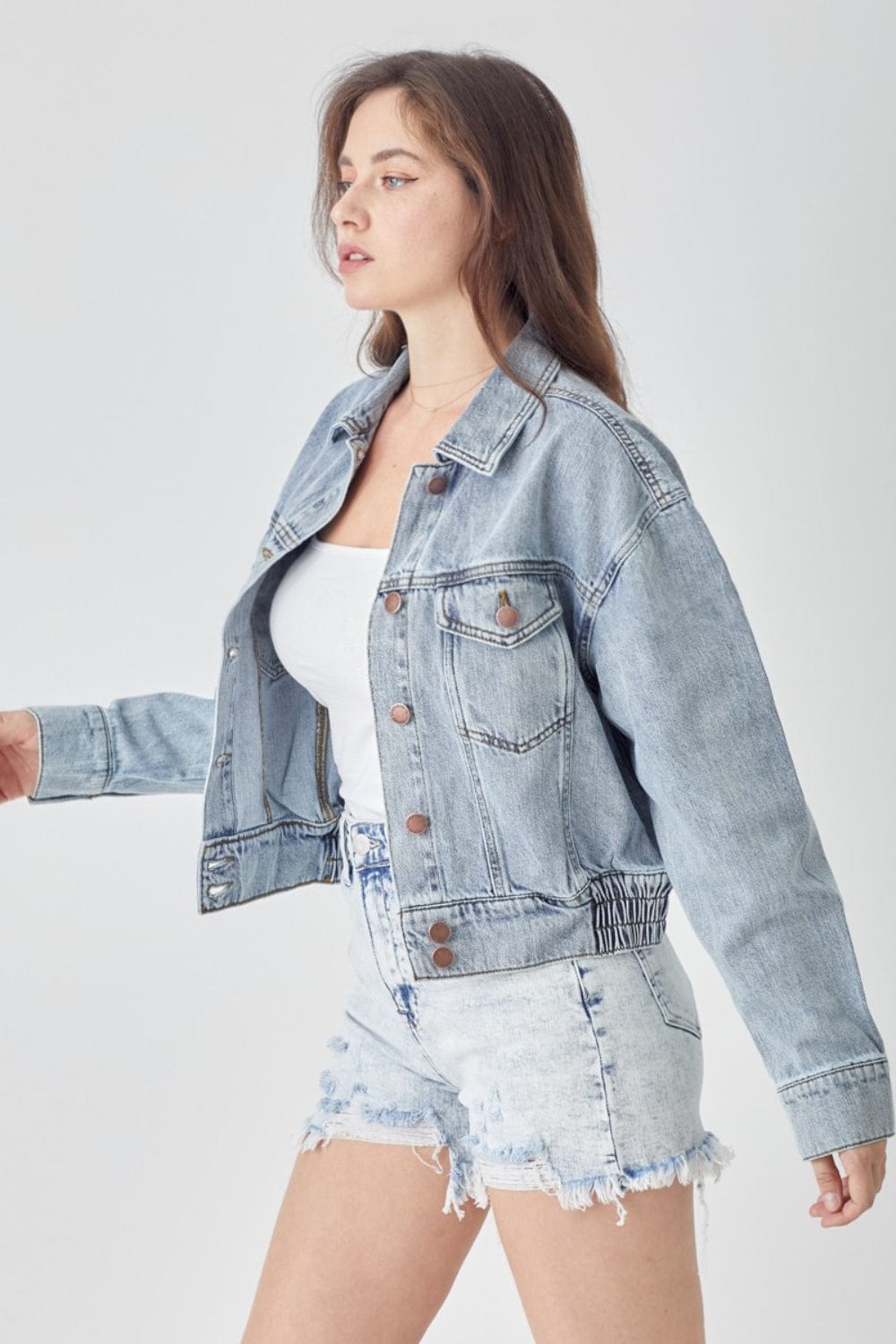 Light Gray RISEN Full Size Button Down Cropped Denim Jacket