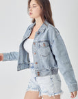 Light Gray RISEN Full Size Button Down Cropped Denim Jacket