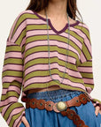 Striped Notched Long Sleeve T-Shirt