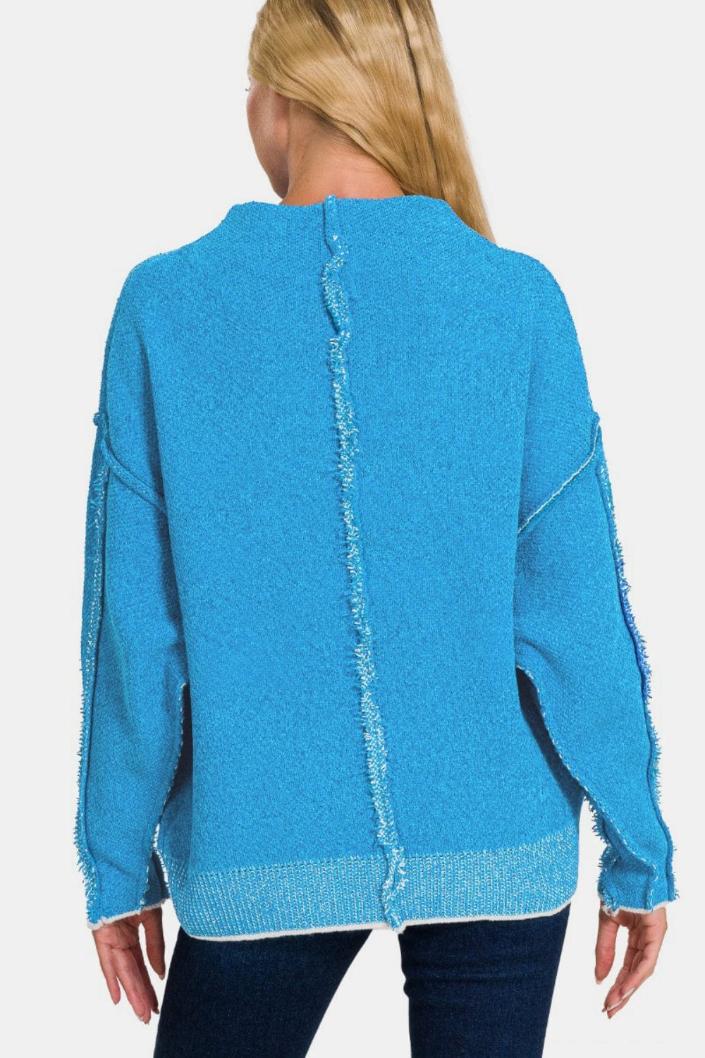 Steel Blue Zenana Exposed Seam Mock Neck Long Sleeve Sweater