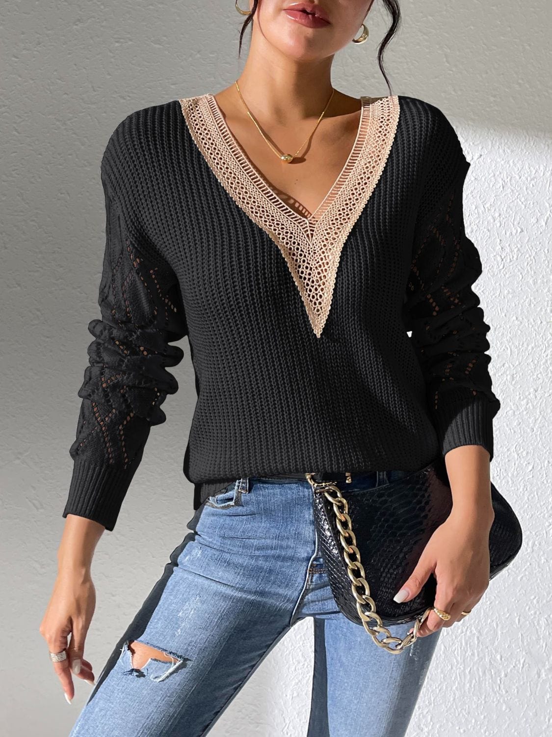 Dark Gray Openwork V-Neck Long Sleeve Sweater