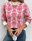 Perfee Flower Round Neck Long Sleeve Sweater