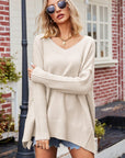 V-Neck Dropped Shoulder Ribbed Long Sleeve Sweater