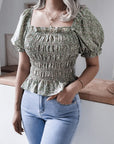 Frill Smocked Square Neck Short Sleeve Blouse