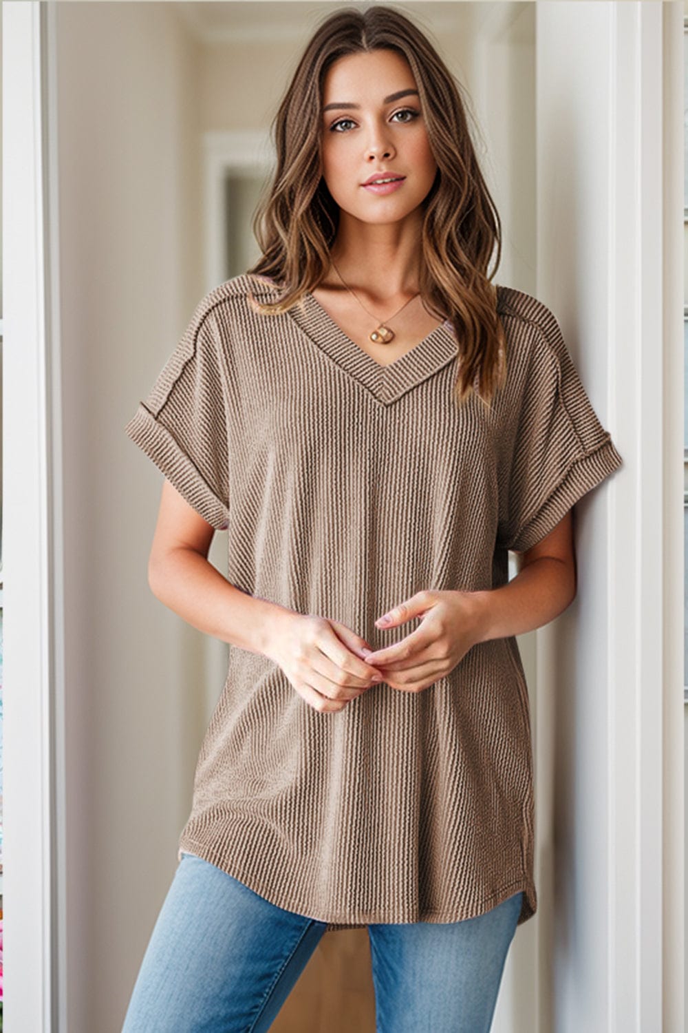 Rosy Brown Textured V-Neck Short Sleeve Top