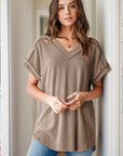 Rosy Brown Textured V-Neck Short Sleeve Top