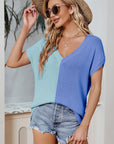 Color Block V-Neck Short Sleeve Knit Top