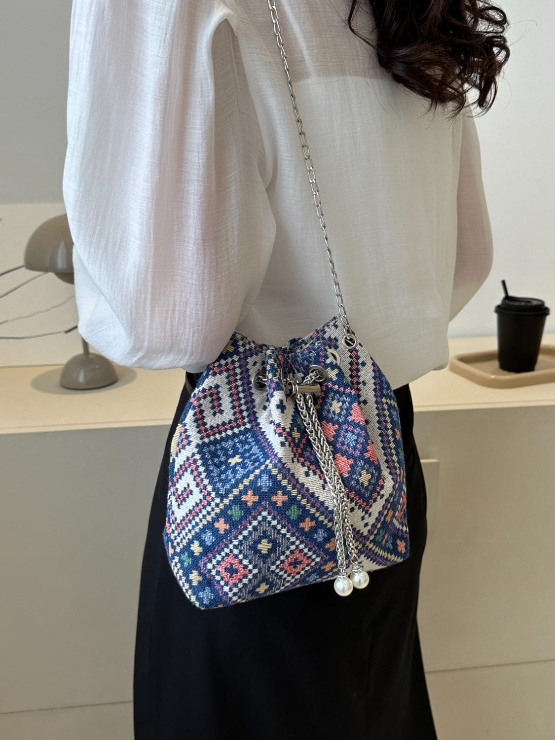 Dark Gray Printed Chain Bucket Bag