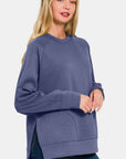 Zenana Scuba Round Neck Side Slit Sweatshirt