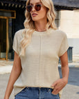 Exposed Seam Round Neck Short Sleeve Sweater