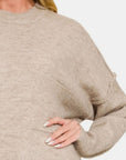 Light Gray Zenana High-Low Hem Drop Shoulder Sweater