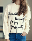 Letter Contrast Round Neck Dropped Shoulder Sweater