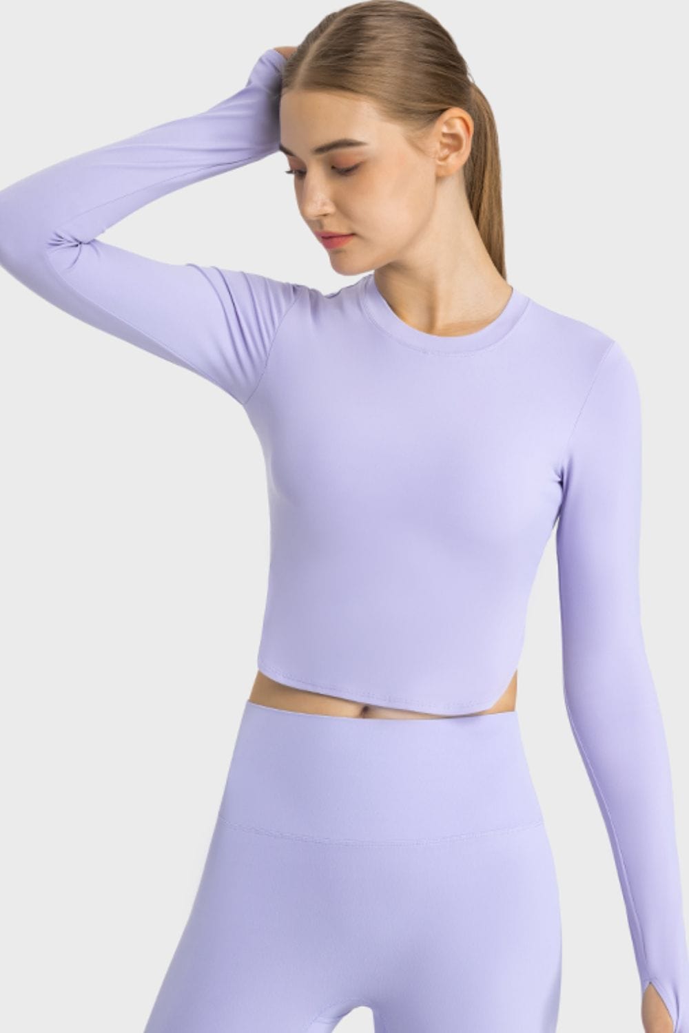 Light Gray Side Slit Long Sleeve Round Neck Crop Top Sentient Beauty Fashions Apaparel &amp; Accessories