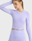 Light Gray Side Slit Long Sleeve Round Neck Crop Top Sentient Beauty Fashions Apaparel & Accessories