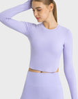 Light Gray Side Slit Long Sleeve Round Neck Crop Top