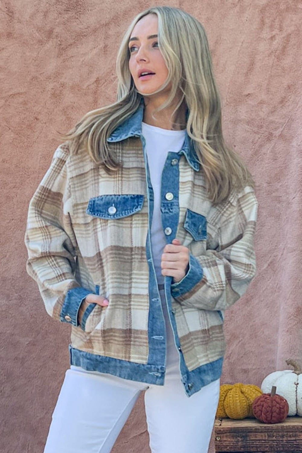 Rosy Brown And The Why Full Size Washed Denim Detail Brushed Plaid Jacket