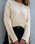 Slit Cuff Round Neck Long Sleeve Sweater