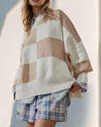 Double Take Slit Color Block Mock Neck Batwing Sleeve Sweater