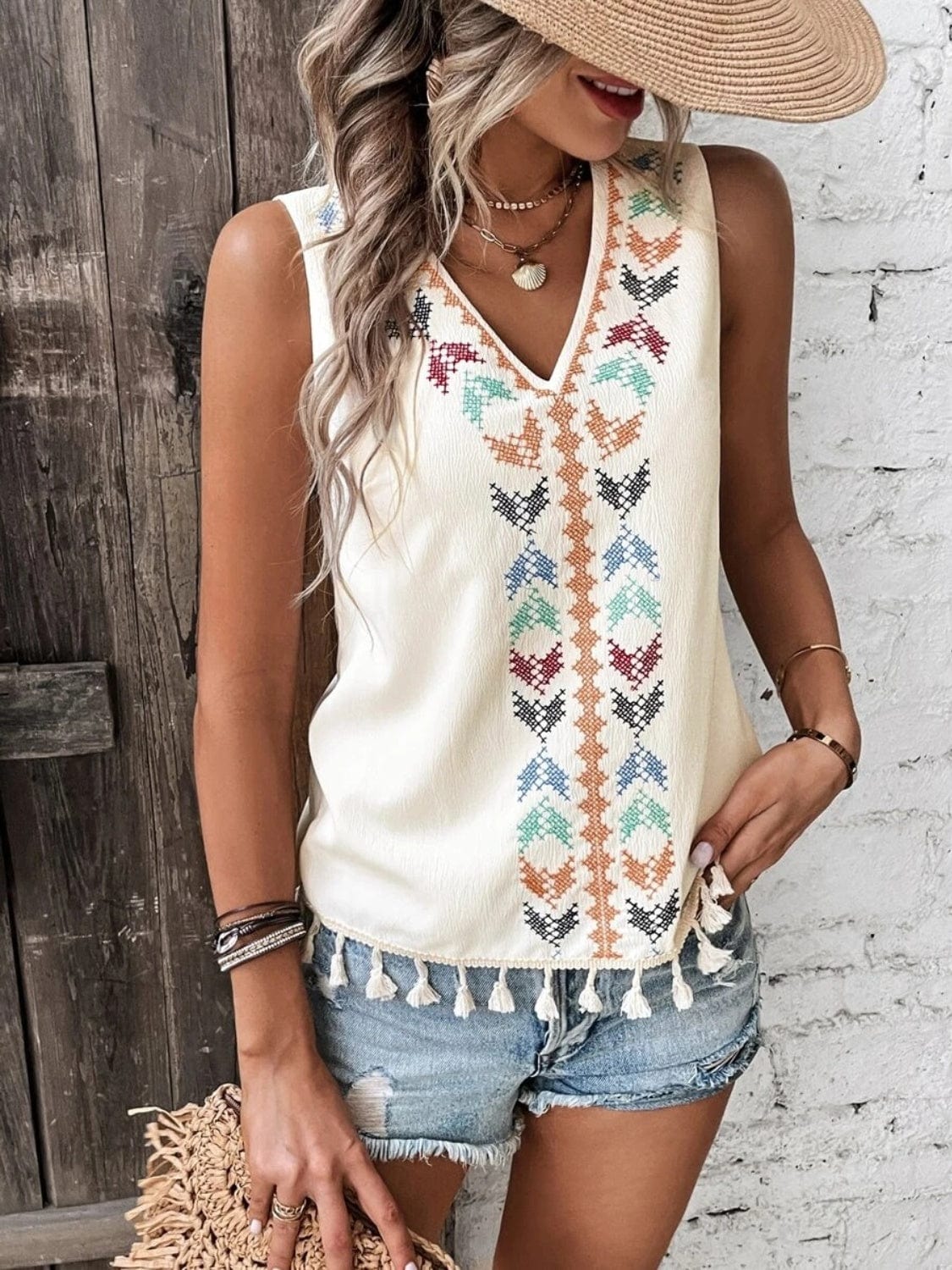 Gray Tassel Printed V-Neck Tank